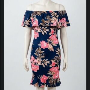 STUNNING Tropical Floral Off-The-Shoulder Ruffle Hem Mini Dress M